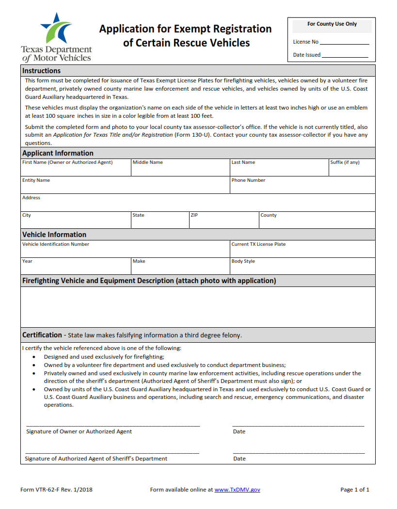 VTR-62-F - Application for Exempt Registration of Certain Rescue Vehicles Page 1