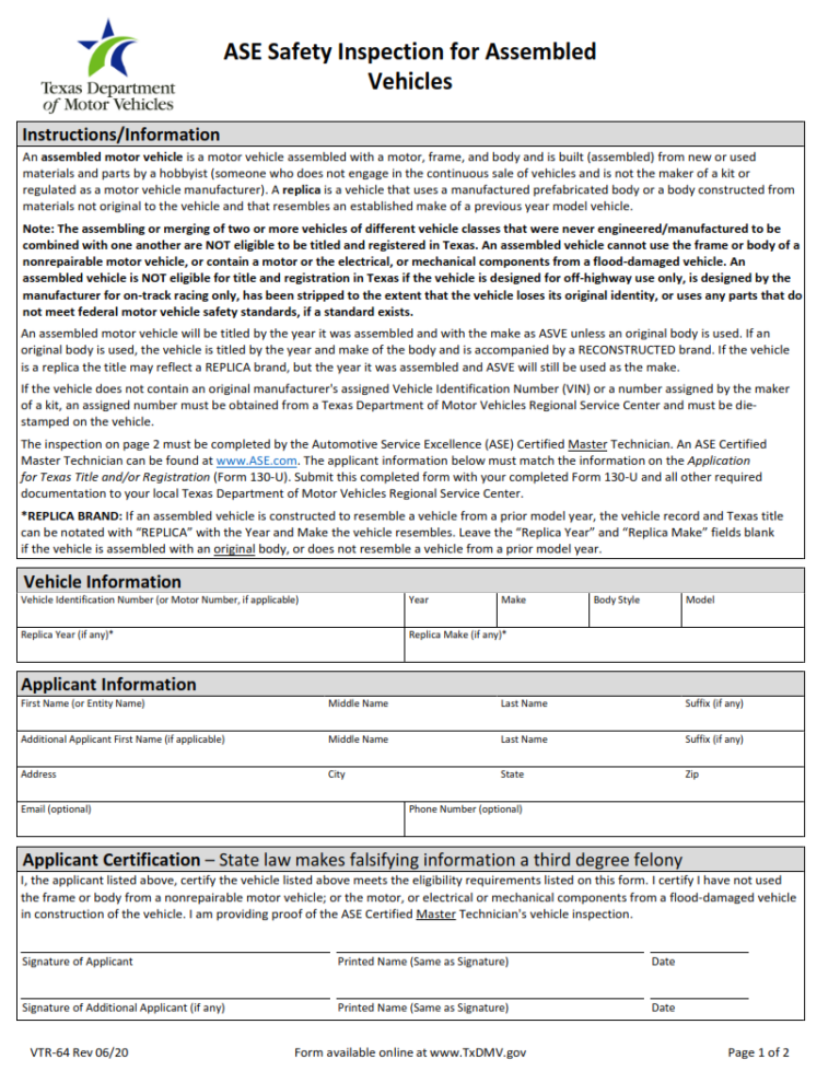 Vtr 64 ase safety inspection for assembled vehicles origin form studio