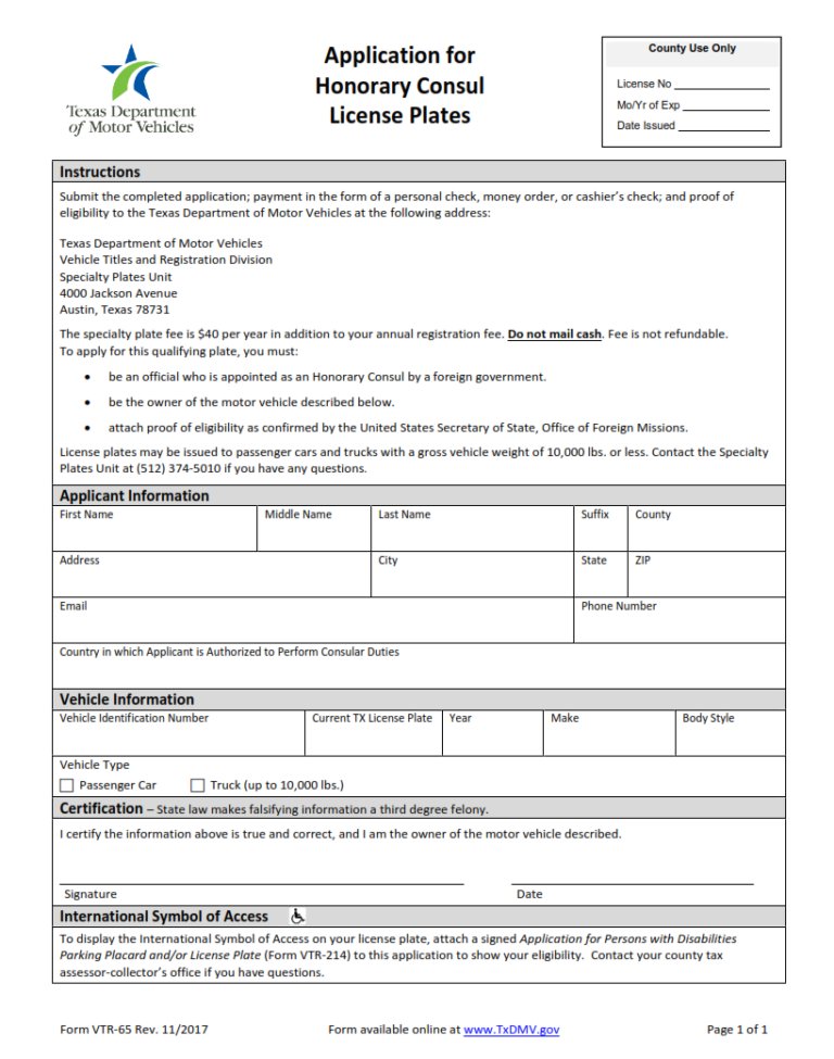 VTR65 Application for Honorary Consul License Plates Origin Form Studio