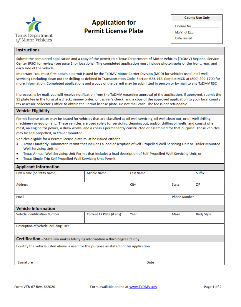 VTR-67 - Application for Permit License Plates Page 1