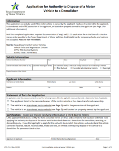 VTR-71-2 - Application For Authority To Dispose Of A Motor Vehicle To A Demolisher Page 1