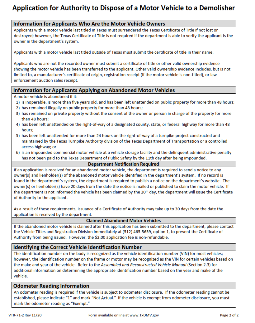 VTR-71-2 - Application For Authority To Dispose Of A Motor Vehicle To A Demolisher Page 2