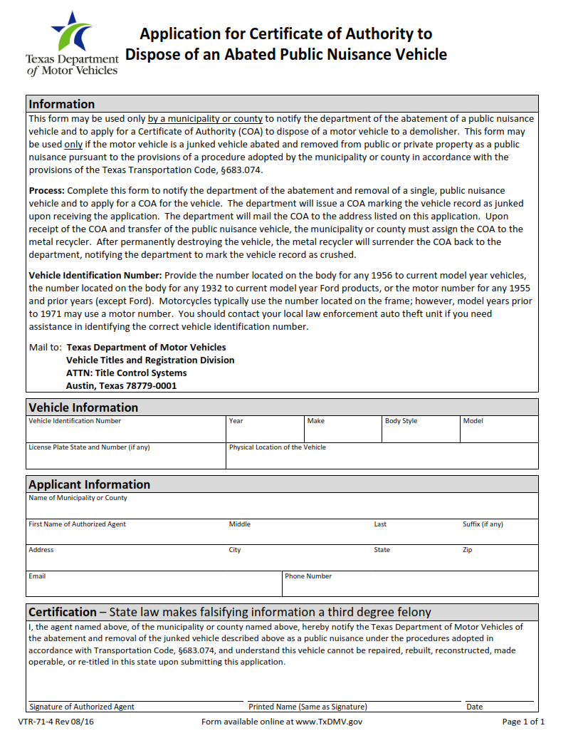 VTR-71-4 - Application for Certificate of Authority to Dispose of an Abated Public Nuisance Vehicle Page 1