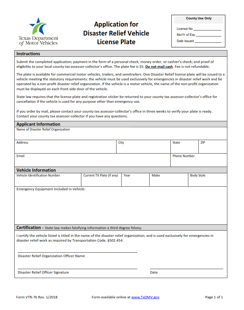 VTR-76 - Application for Disaster Relief Vehicle License Plates Page 1