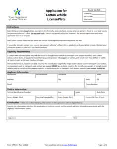 VTR-815 - Application for Cotton Vehicle License Plate Page 1