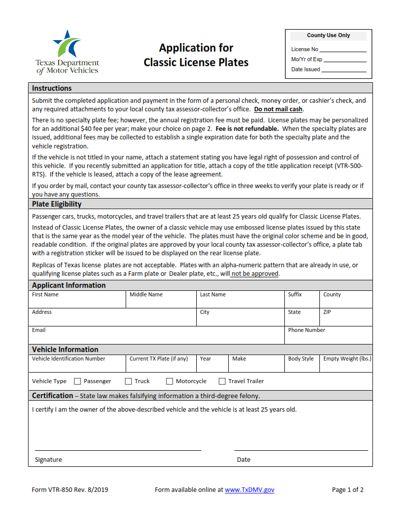 VTR-850 - Application For Classic License Plates Page 1