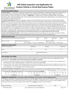 VTR-852 - ASE Safety Inspection and Application for Custom Vehicle or Street Rod License Plates Page 1