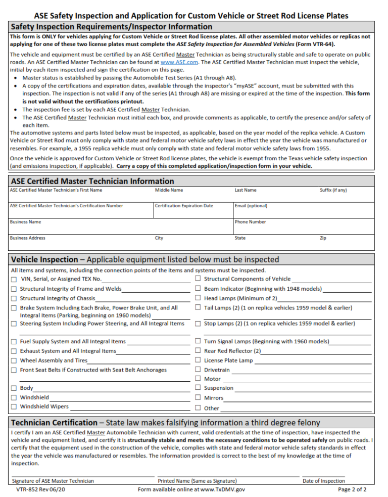 VTR-852 – ASE Safety Inspection and Application for Custom Vehicle or ...