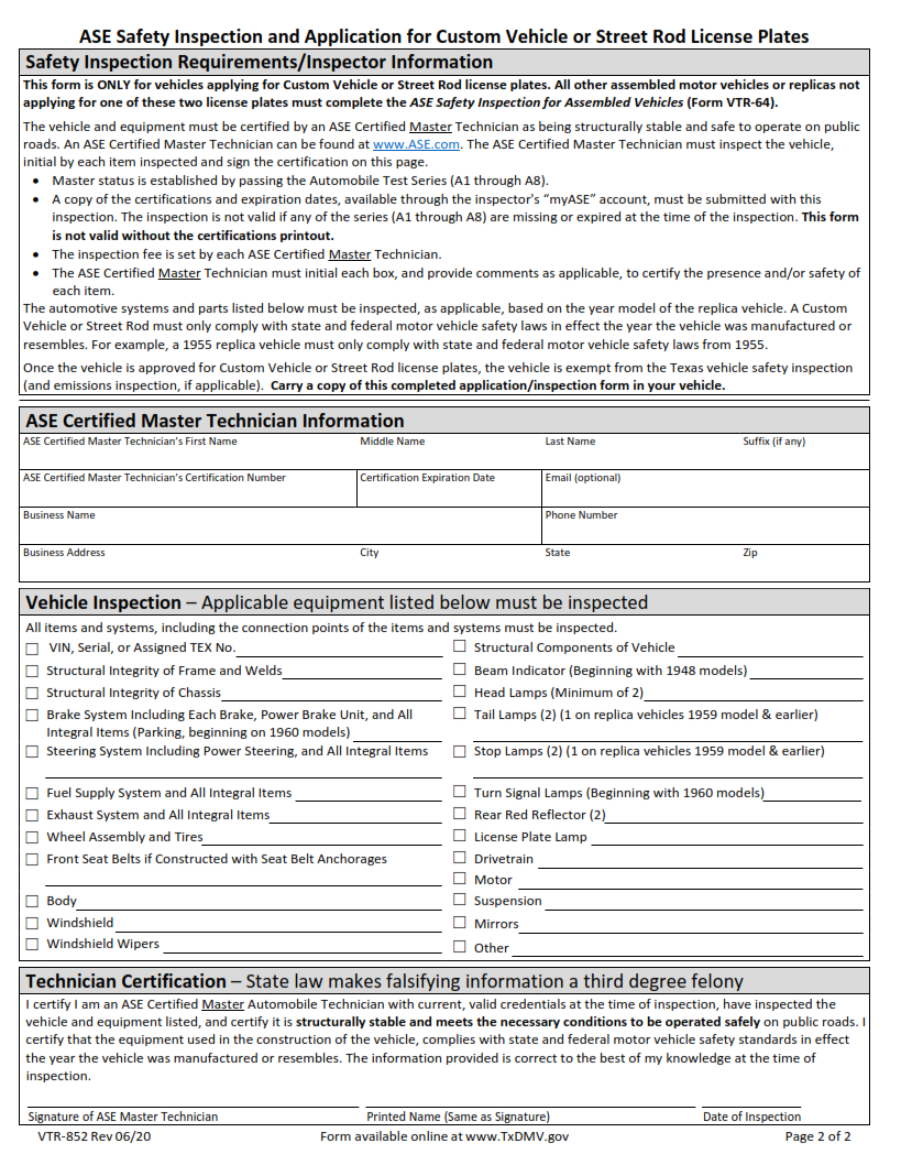 VTR-852 - ASE Safety Inspection and Application for Custom Vehicle or Street Rod License Plates Page 2