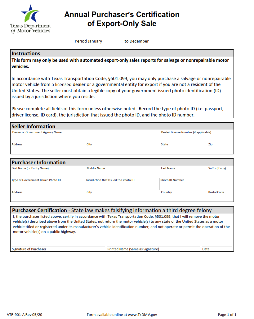 VTR-901-A - Annual Purchaser’s Certification Of Export-Only Sale Page 1