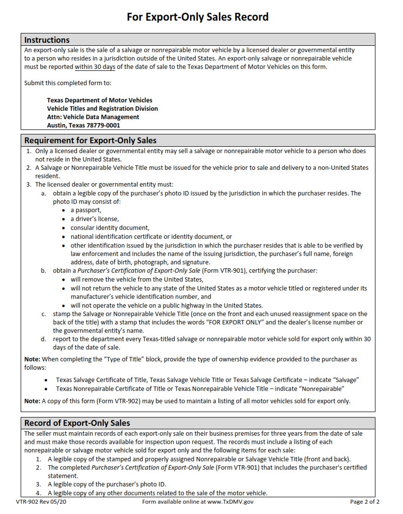 VTR-902 - For Export-only Sales Record Page 2