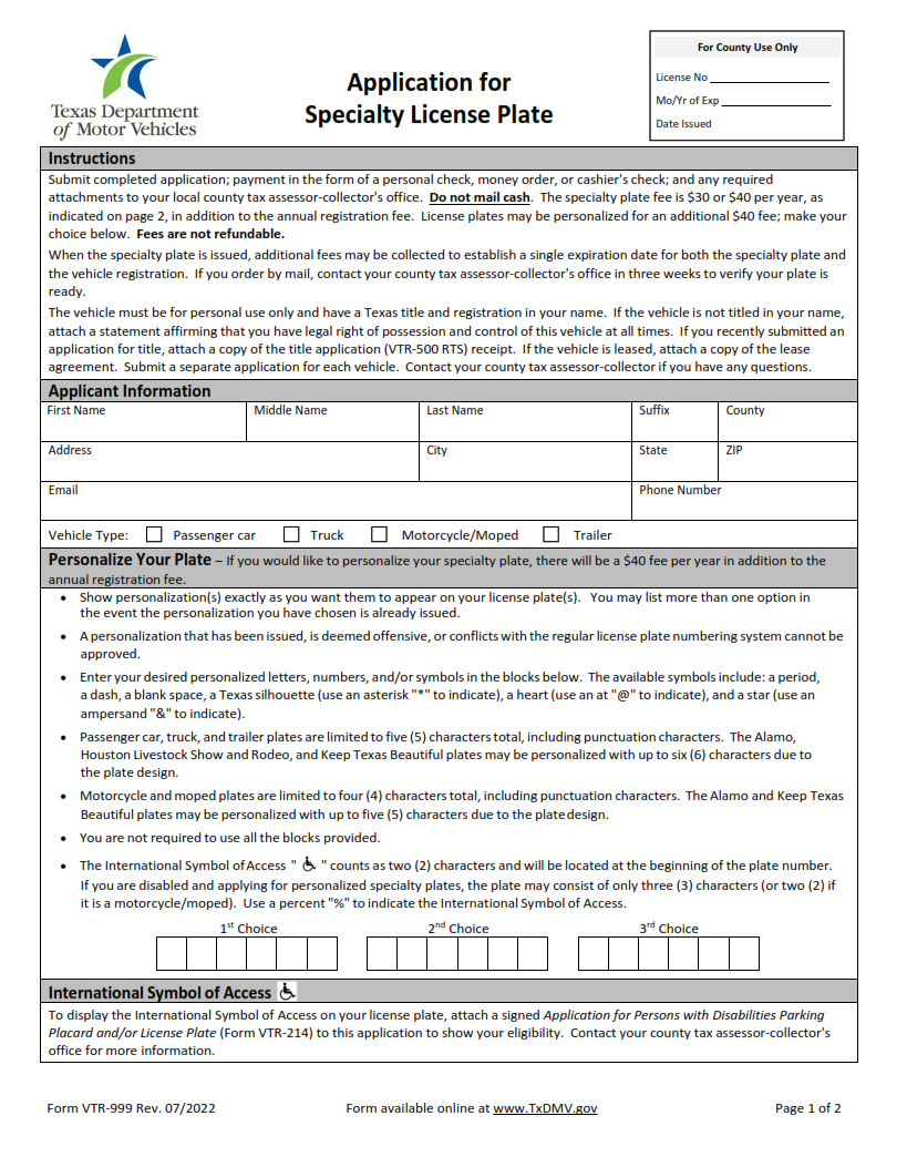 VTR-999 - Application for Specialty License Plates Page 1