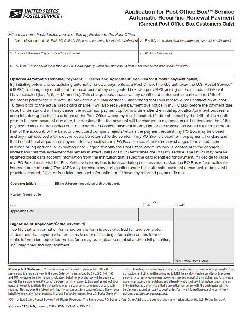 PS Form 1093-A - Application for Post Office Box™ Service Automatic Recurring Renewal Payment