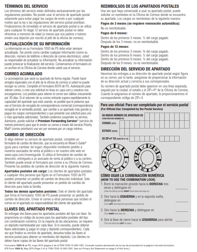 PS Form 1093-S - Application for Post Office Box Service (Spanish Version) Page 2