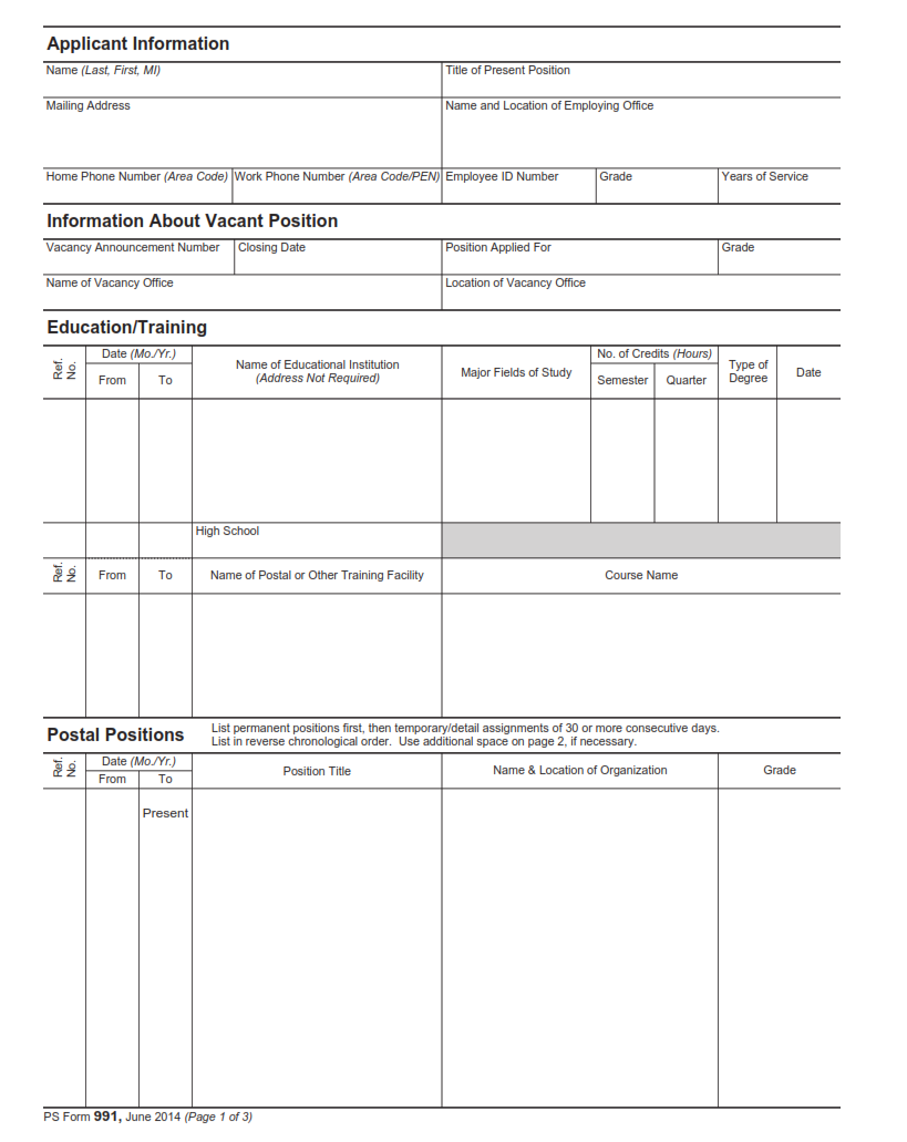 PS Form 991 - Application For Promotion or Assignment Page 2