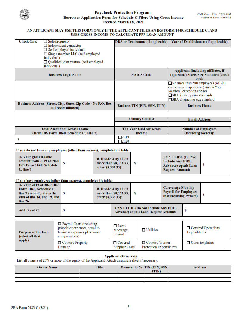 SBA FORM 2483-C - First Draw Borrower Application Form for Schedule C Filers Using Gross Income Page 1