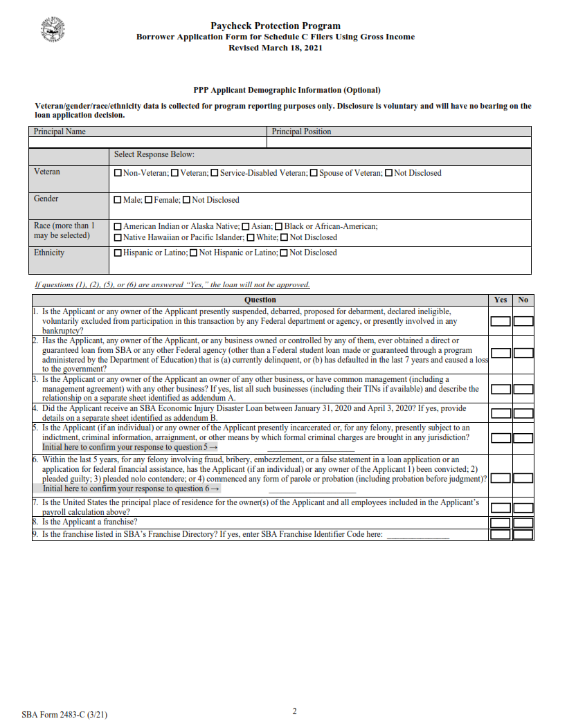 SBA FORM 2483-C - First Draw Borrower Application Form for Schedule C Filers Using Gross Income Page 2