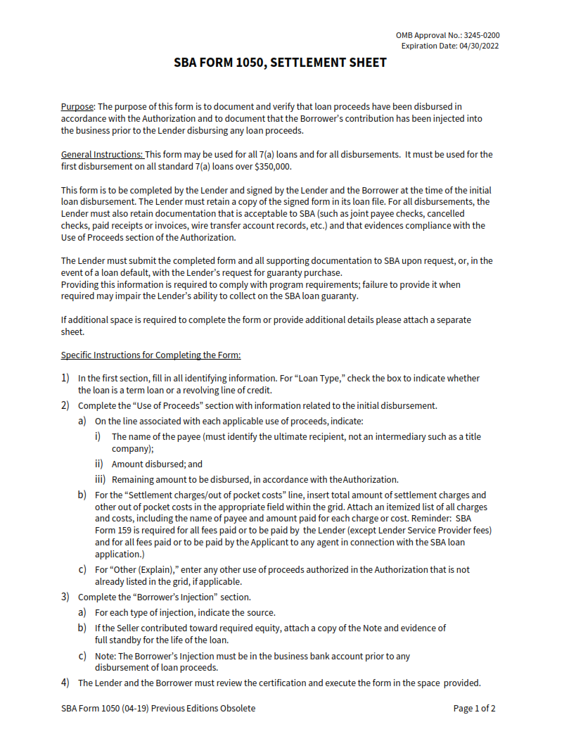 SBA Form 1050 - Settlement Sheet (Use of Proceeds Certification) Page 1