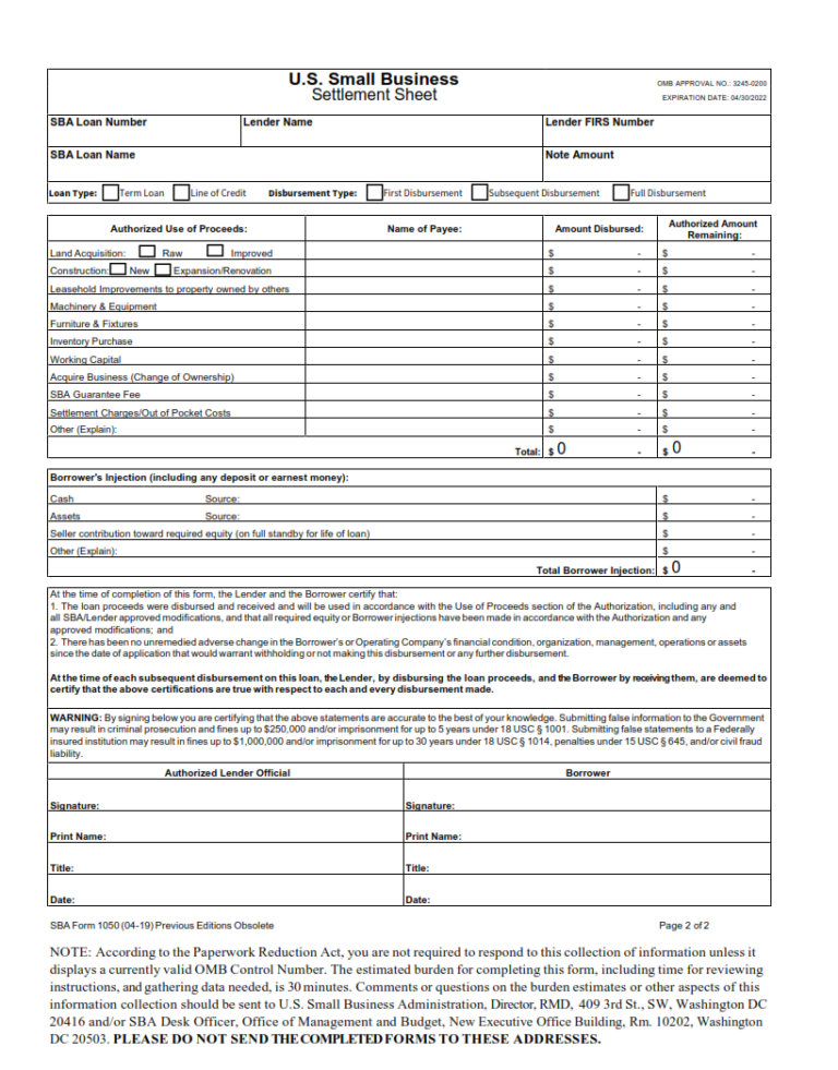 SBA Form 1050 – Settlement Sheet (Use of Proceeds Certification ...