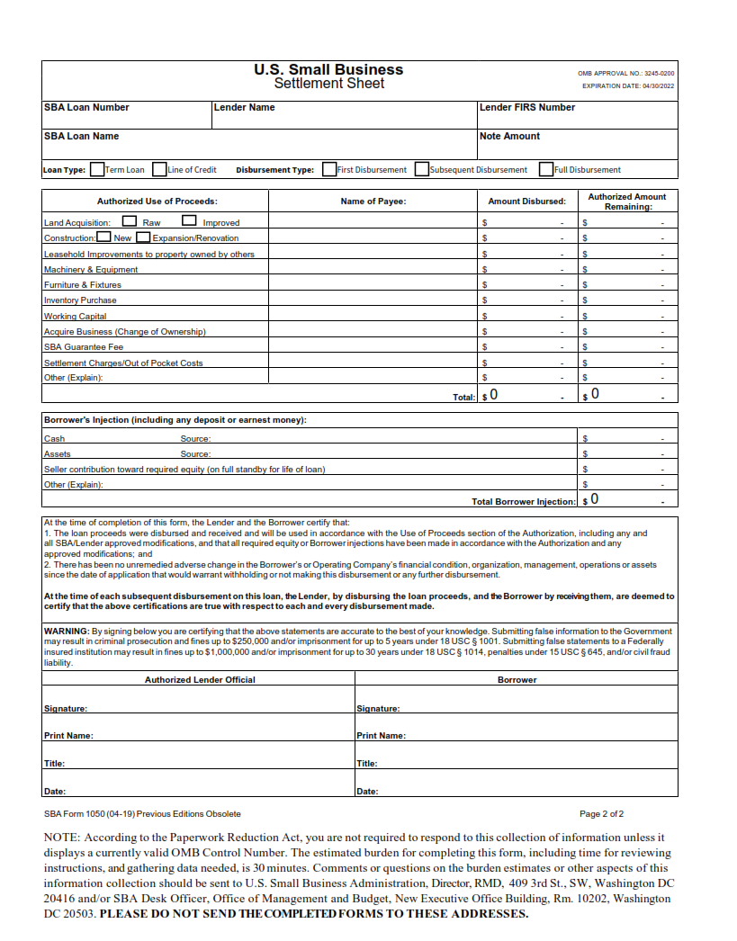 SBA Form 1050 - Settlement Sheet (Use of Proceeds Certification) Page 2
