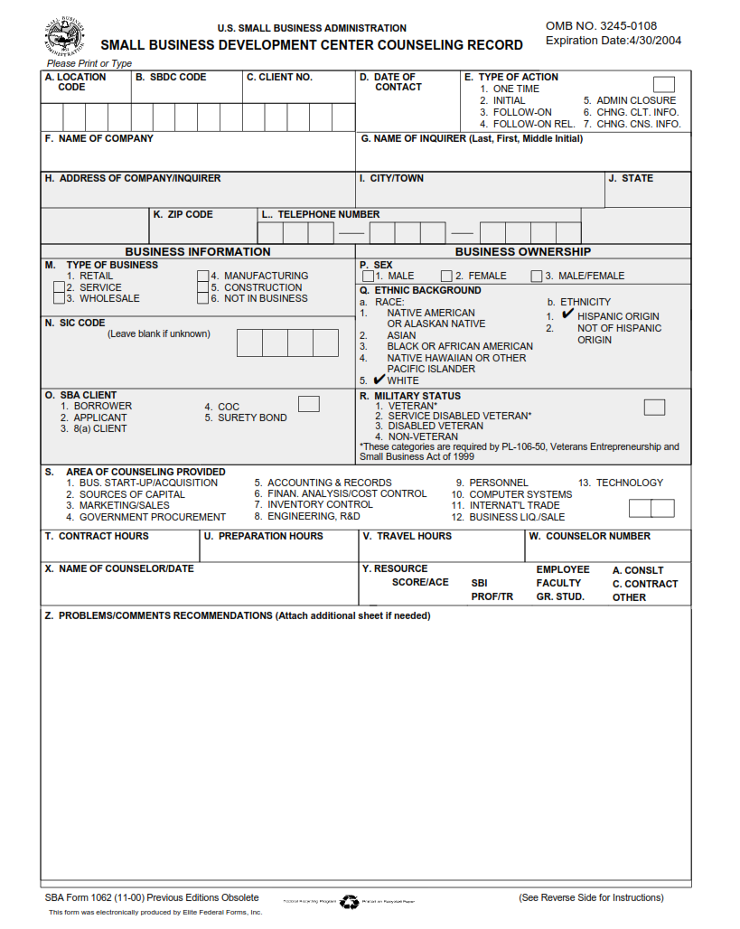 SBA Form 1062 - Small Business Development Center Counseling Record Page 1