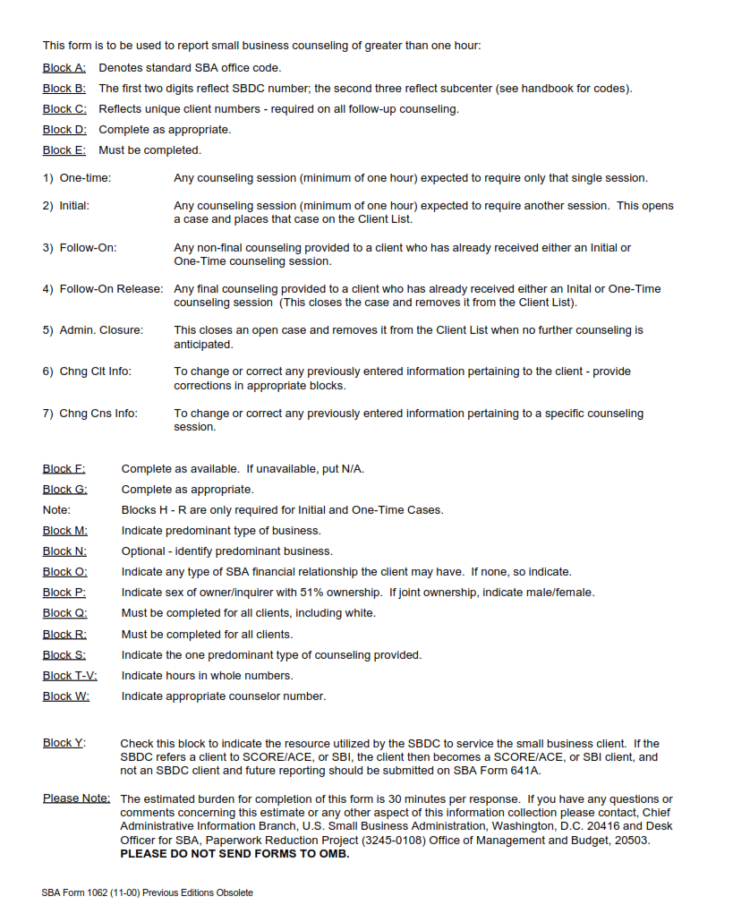 SBA Form 1062 - Small Business Development Center Counseling Record Page 2