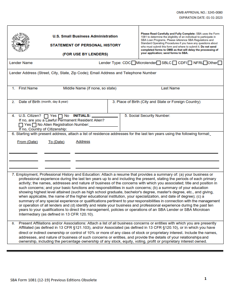 SBA Form 1081 - Statement of Personal History Page 1