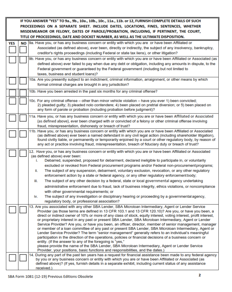 SBA Form 1081 – Statement of Personal History | Origin Form Studio