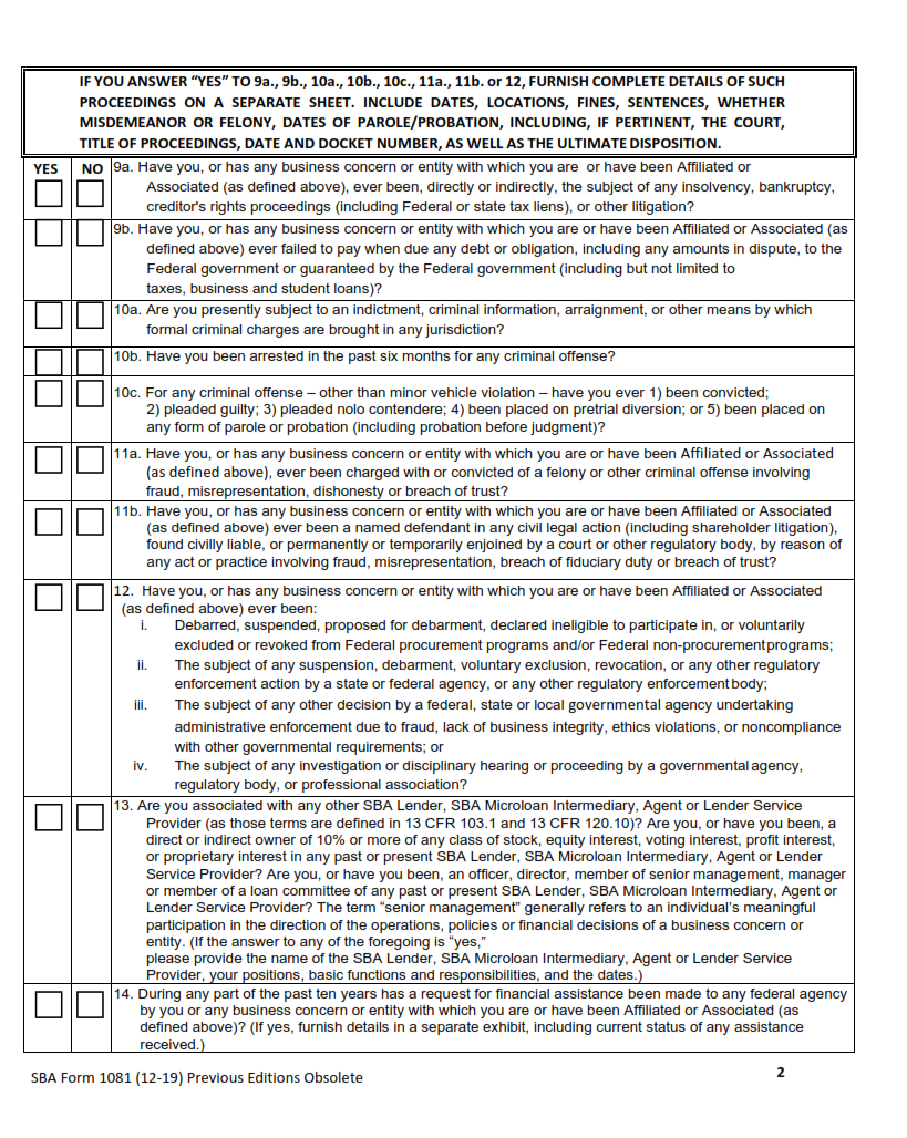 SBA Form 1081 - Statement of Personal History Page 2