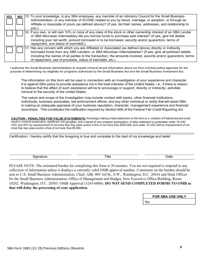 SBA Form 1081 – Statement of Personal History | Origin Form Studio