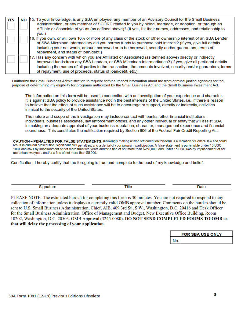 SBA Form 1081 - Statement of Personal History Page 3
