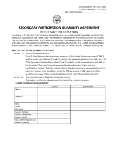 SBA Form 1086 - Secondary Participation Guarantee Agreement Page 1