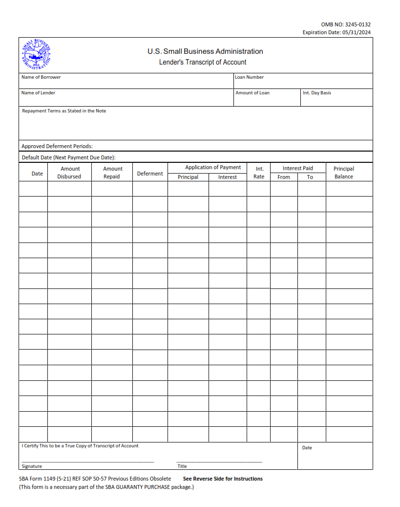 SBA Form 1149 - Lender's Transcript of Account Page 1