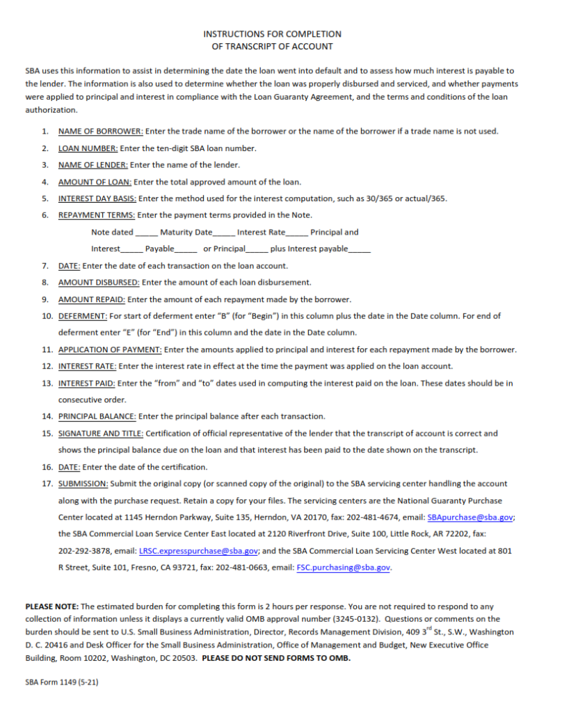 SBA Form 1149 Lender???s Transcript of Account Origin Form Studio