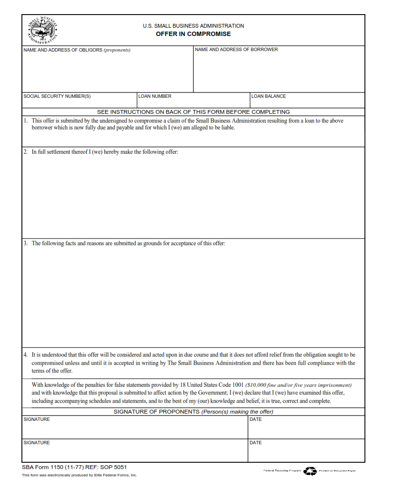 SBA Form 1150 - Offer in Compromise Page 1