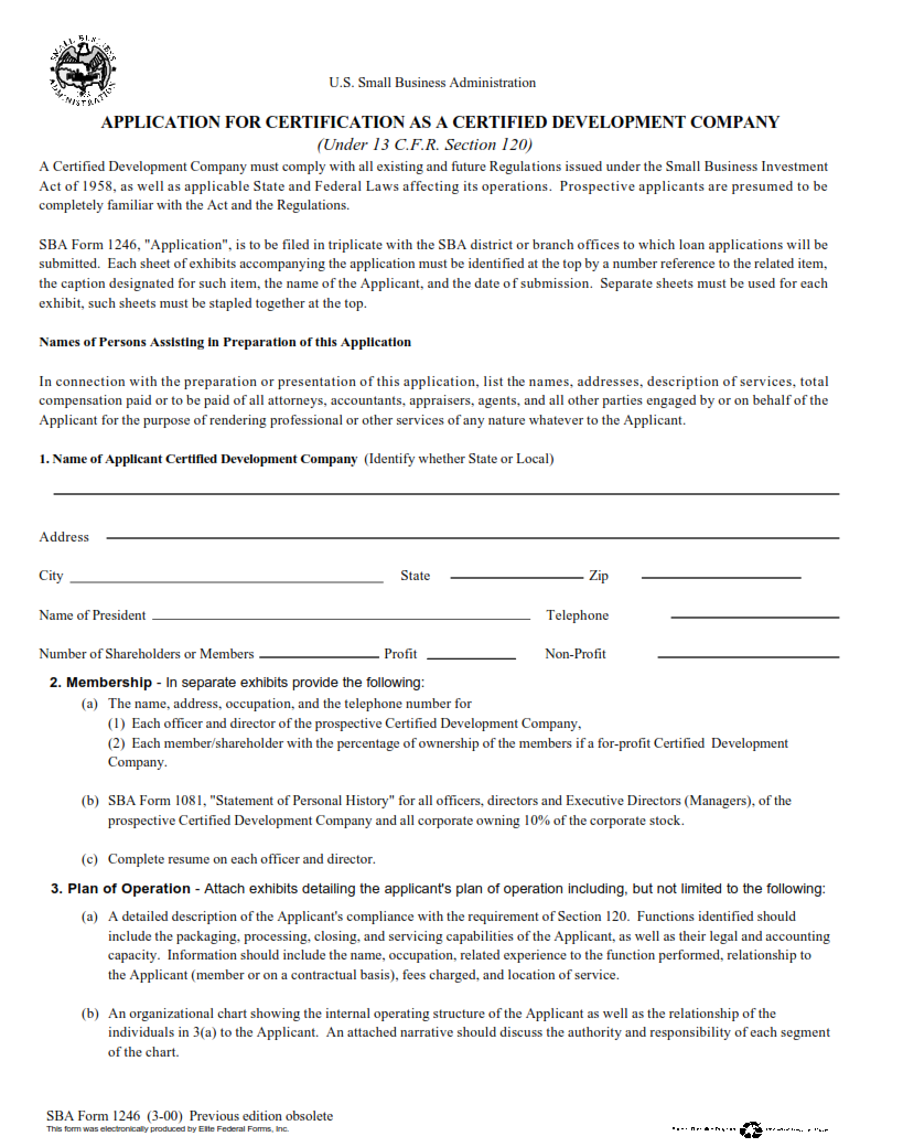 SBA Form 1246 - Application for Certification as a Certified Development Company Page 1