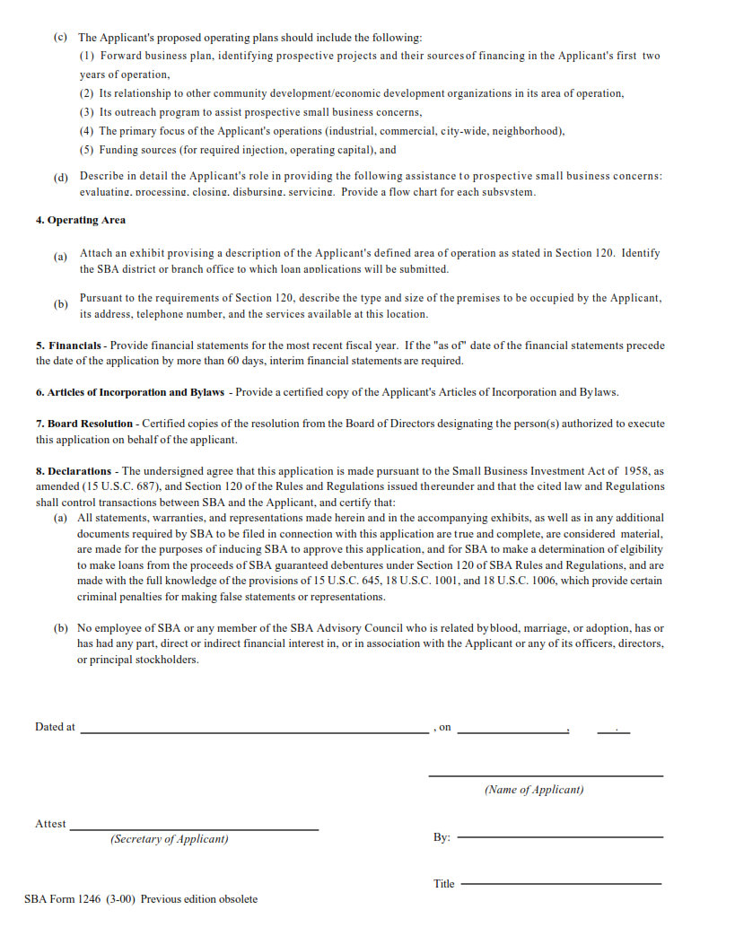 SBA Form 1246 - Application for Certification as a Certified Development Company Page 2