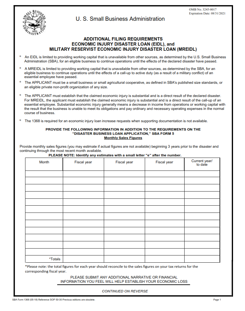 SBA Form 1368 - Additional Filing Requirements Economic Injury Disaster Loan (EIDL), and Military Reservist Economic Injury Disaster Loan (MREIDL) Page 1