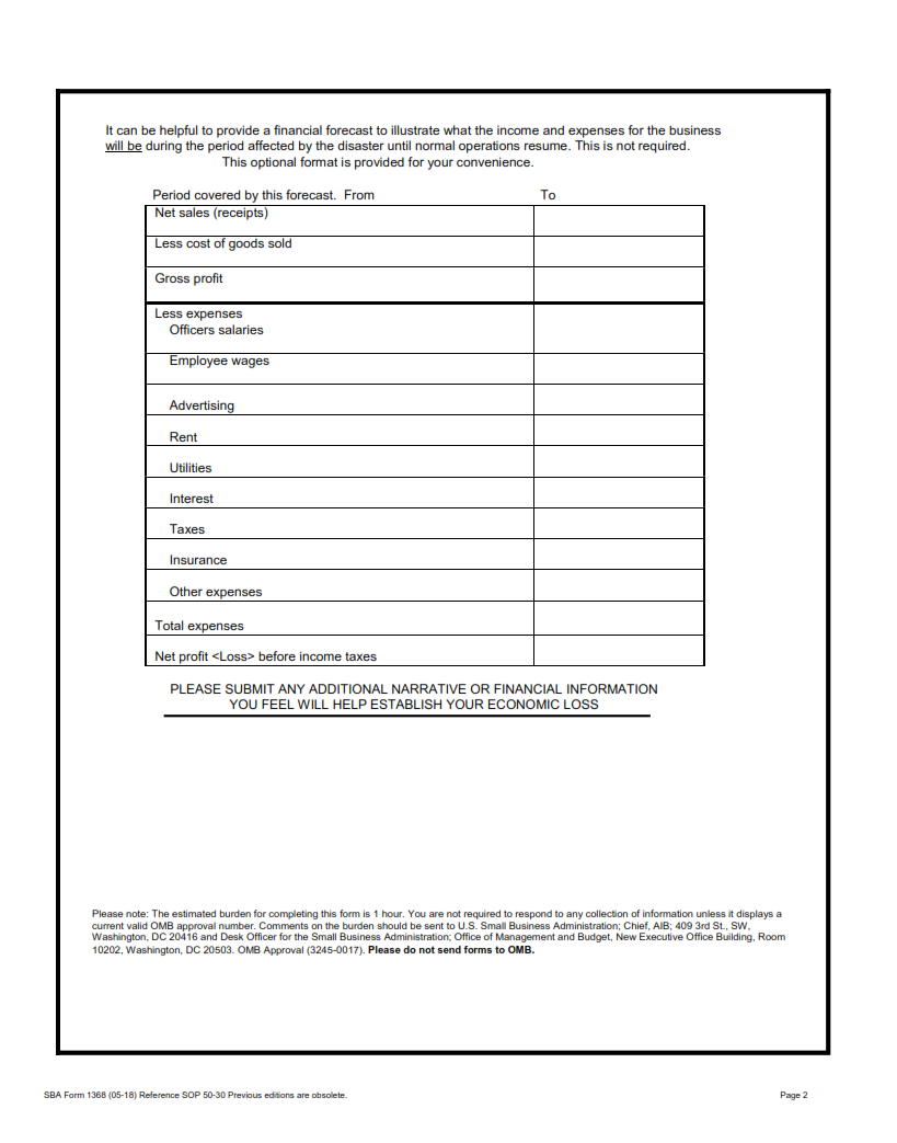 SBA Form 1368 - Additional Filing Requirements Economic Injury Disaster Loan (EIDL), and Military Reservist Economic Injury Disaster Loan (MREIDL) Page 2