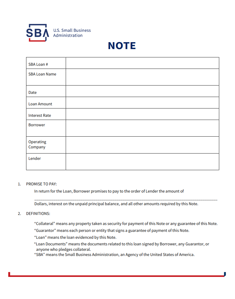 SBA Form 147 - SBA Standard Loan Note (Form 147) Page 1