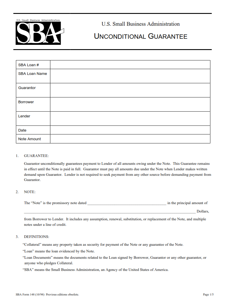 SBA Form 148 - Unconditional Guarantee Page 1