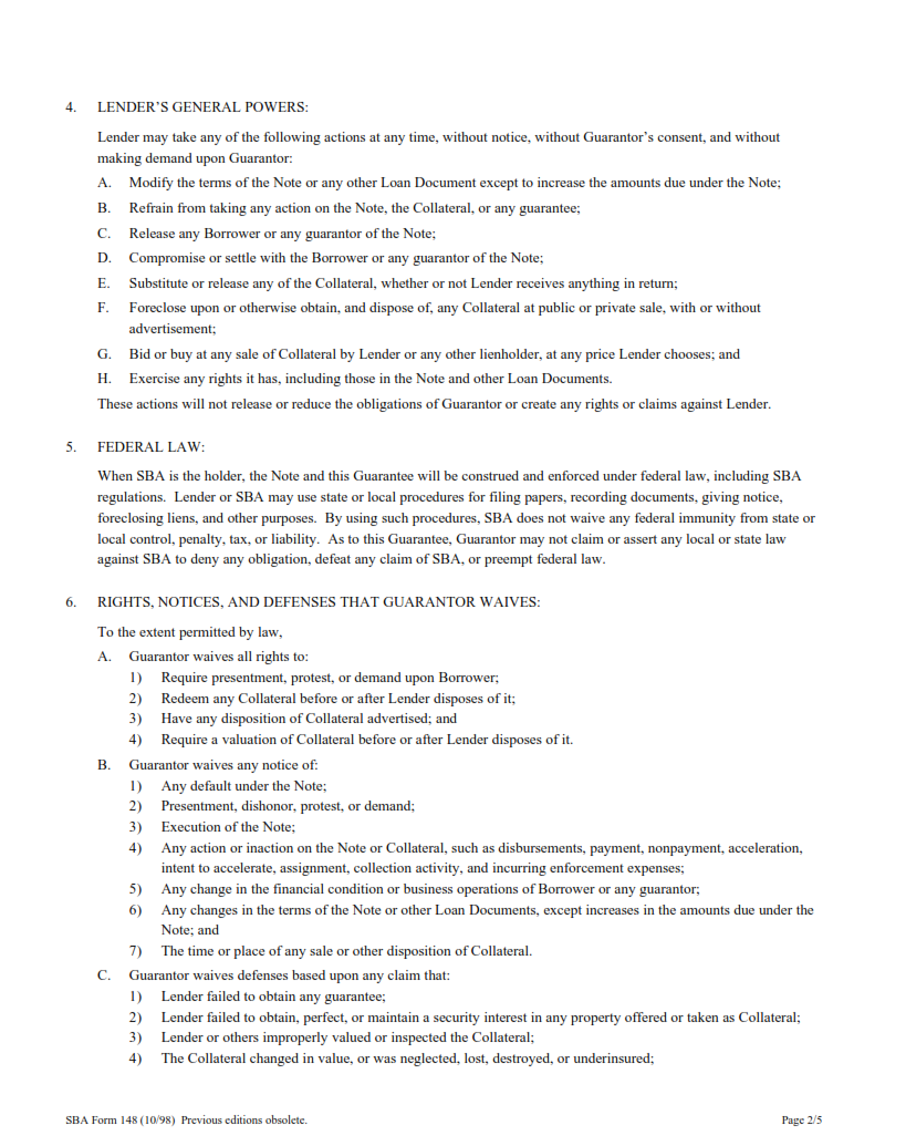SBA Form 148 - Unconditional Guarantee Page 2