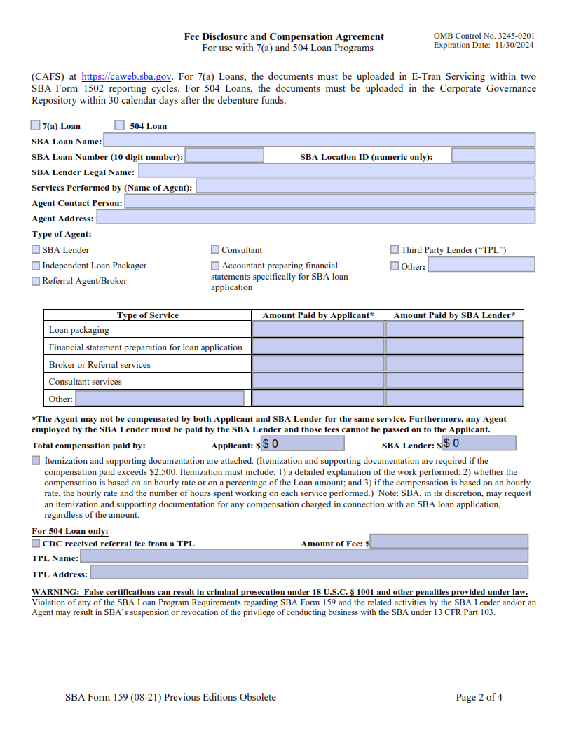 SBA Form 159 - Fee Disclosure and Compensation Agreement Page 2