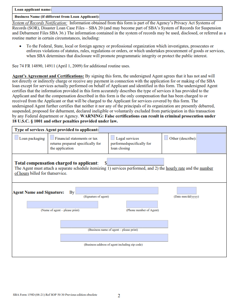 SBA Form 159D - Fee Disclosure Form and Compensation Agreement Page 2