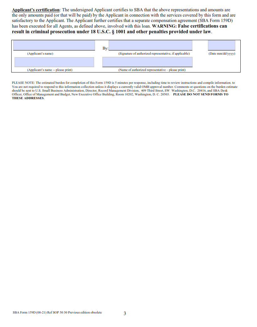 SBA Form 159D - Fee Disclosure Form and Compensation Agreement Page 3
