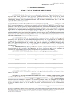 SBA Form 160 - Resolution of Board of Directors Page 1