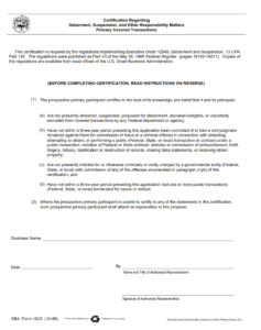 SBA Form 1623 - Certification Regarding Debarment, Suspension, and Other Responsibility Matters Primary Covered Transactions page 1