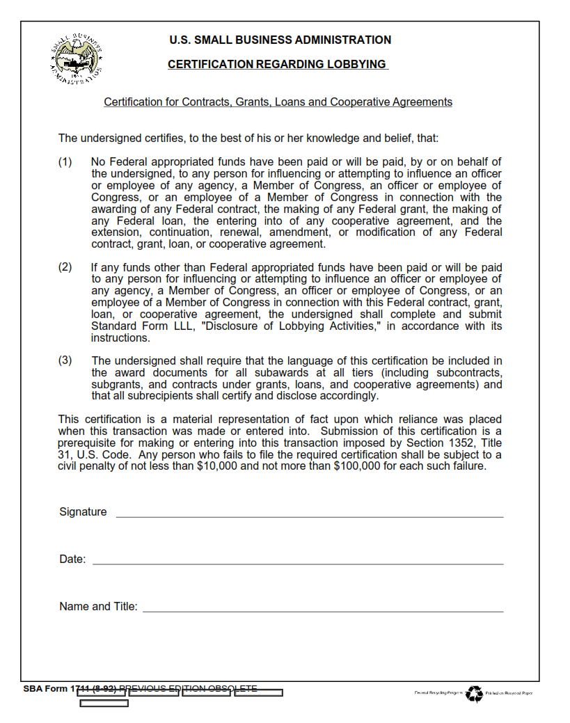 SBA Form 1711 - Certification Regarding Lobbying