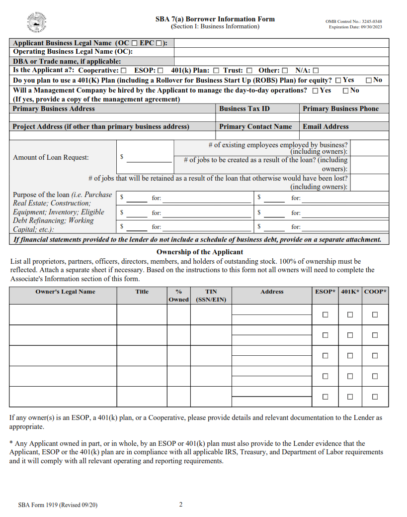SBA Form 1919 - Borrower Information Form Page 2