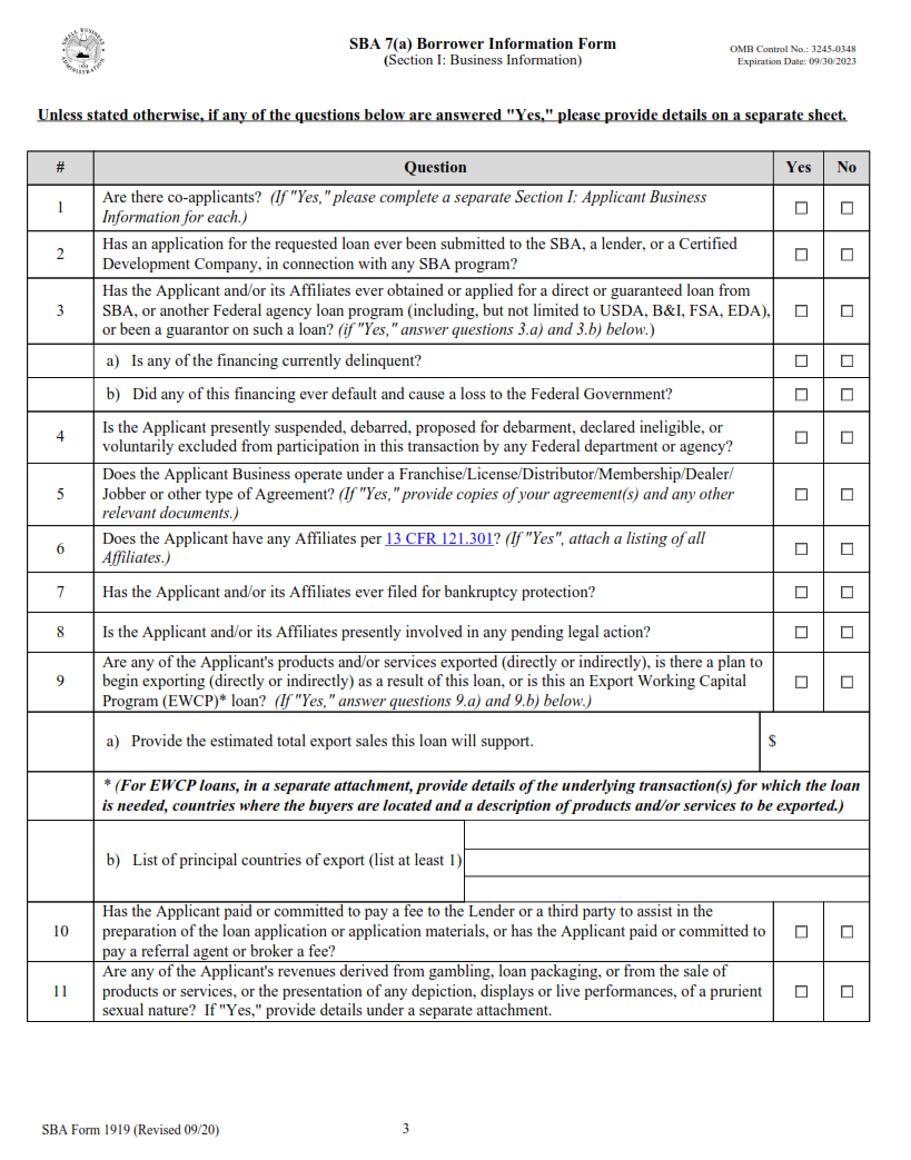 SBA Form 1919 - Borrower Information Form Page 3